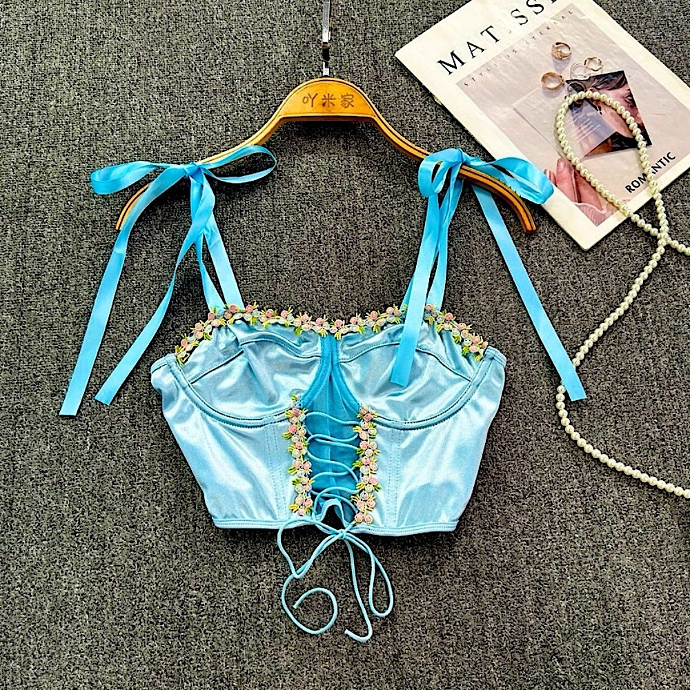 Pastel blue ribbon strap lace up floral crop top